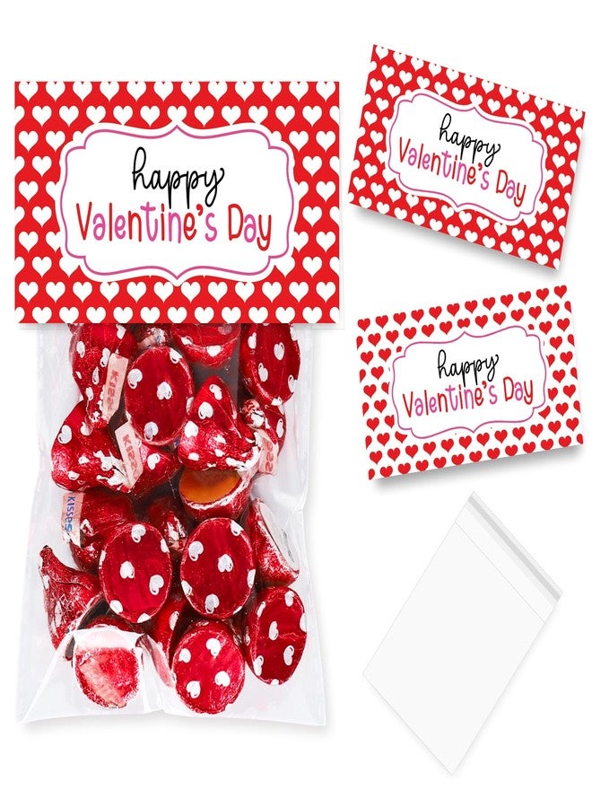 Whaline 60 Set Valentine's Day Self-Adhesive Goodie Bags Candy Cello Bag with Topper Red White Heart Plastic Favor Treat Bag for Wedding Anniversary Party Wrapping Baking Food - Image 1